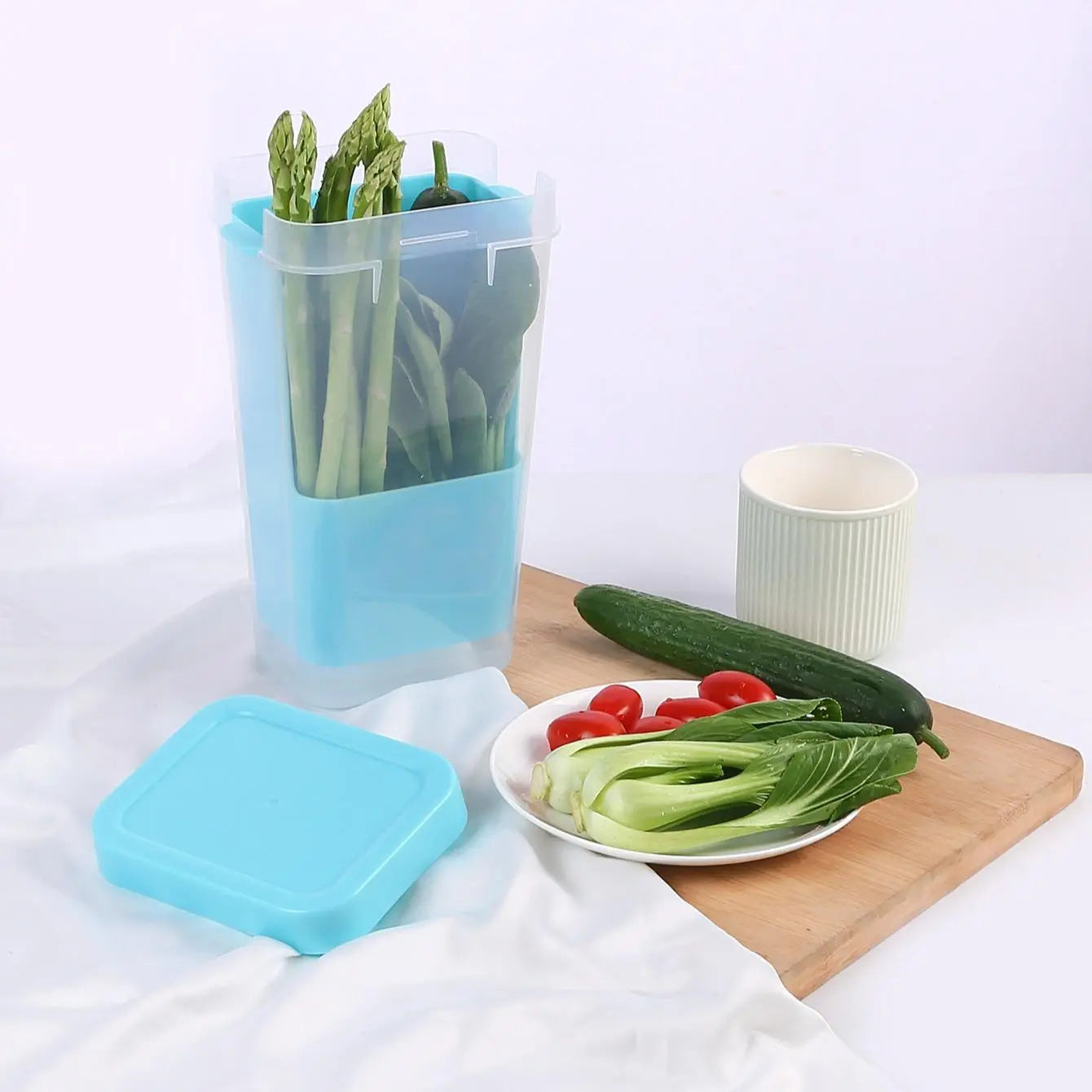 Fresh Produce Storage Containers with Drain Tray – Refrigerator Vegetable & Fruit Keeper Set with Lids