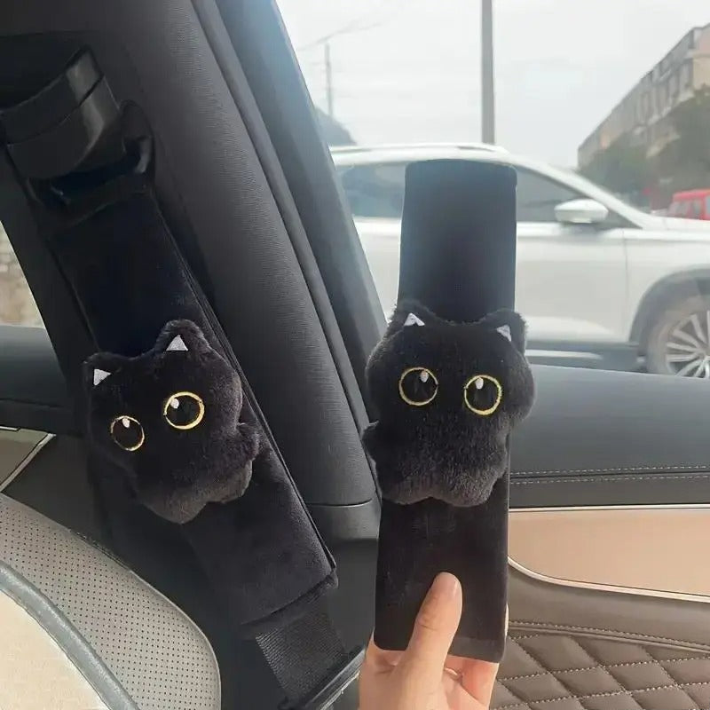 Cute Black Cat Seat Belt Cover, Soft Plush Shoulder Pad Car Accessory