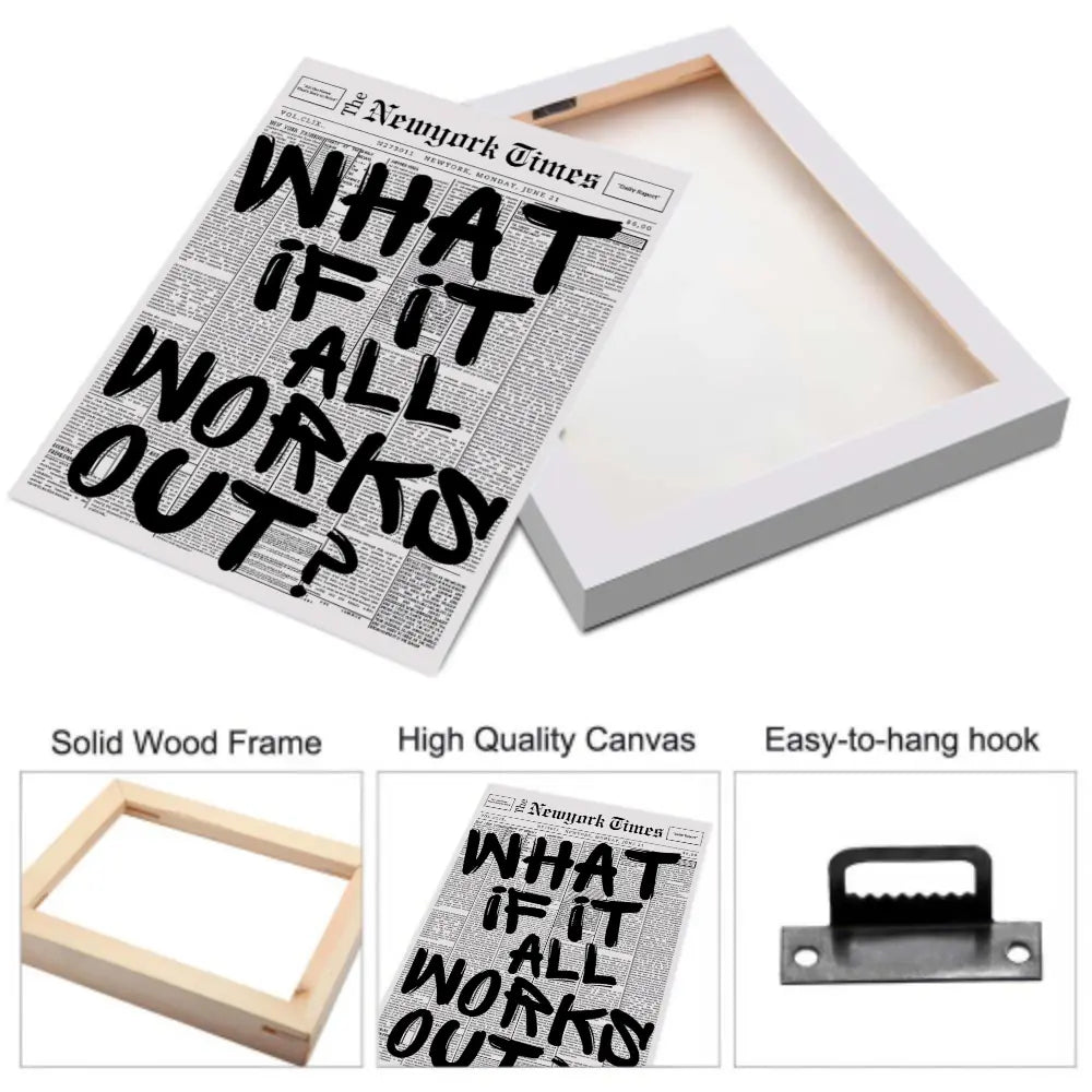 What If It All Works Out Canvas Wall Art - Minimalist Newspaper Quote Poster, Positive Affirmation Home Decor Print