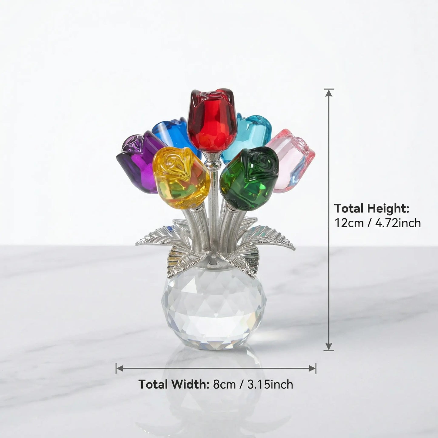 Colorful Rose Flower Crystal Figurine with Vase Bouquet K9 Crystal Handmade Ornament for Wife Girlfriend Women Home Table Decor Valentine's Day Wedding Anniversary Gift