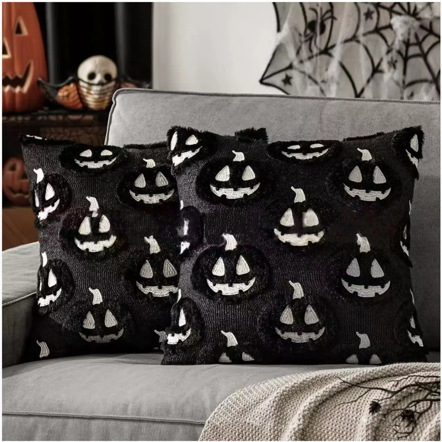 Embroidered Pumpkin Halloween Pillow Cover – Soft Faux Wool Farmhouse Decor