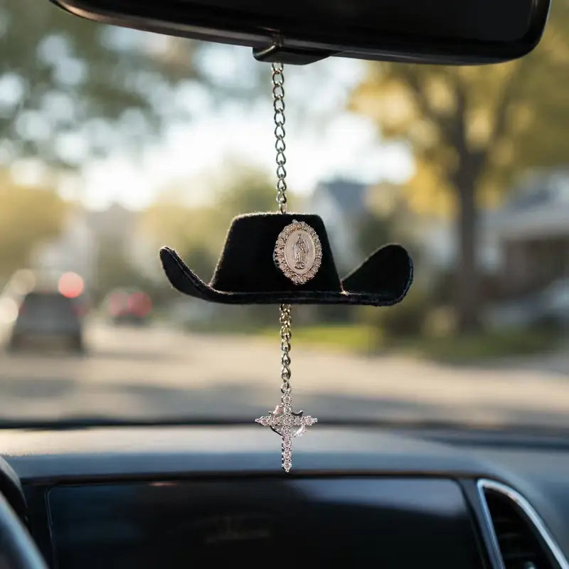 Handmade St. Jude Black Sombrero Car Blessing Charm – Faith Protection Rearview Mirror Ornament