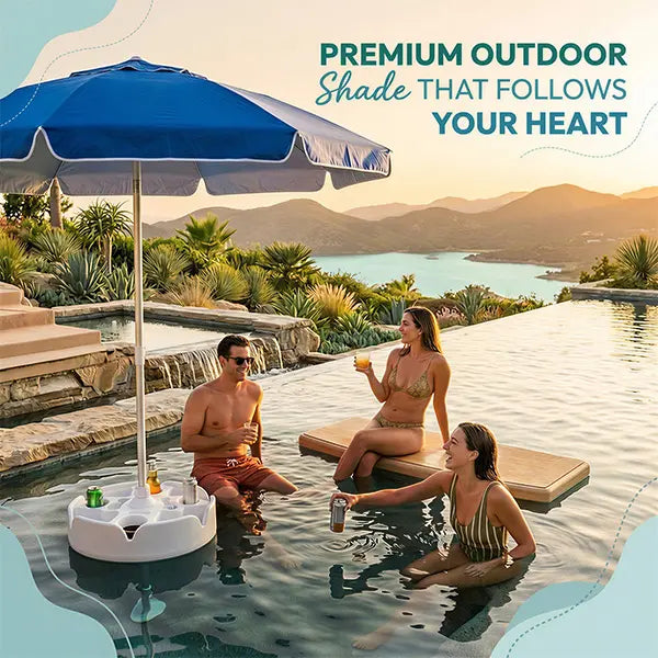 Floating Pool Umbrella with Bar Base: Portable Table with Cup Holder & Phone Stand