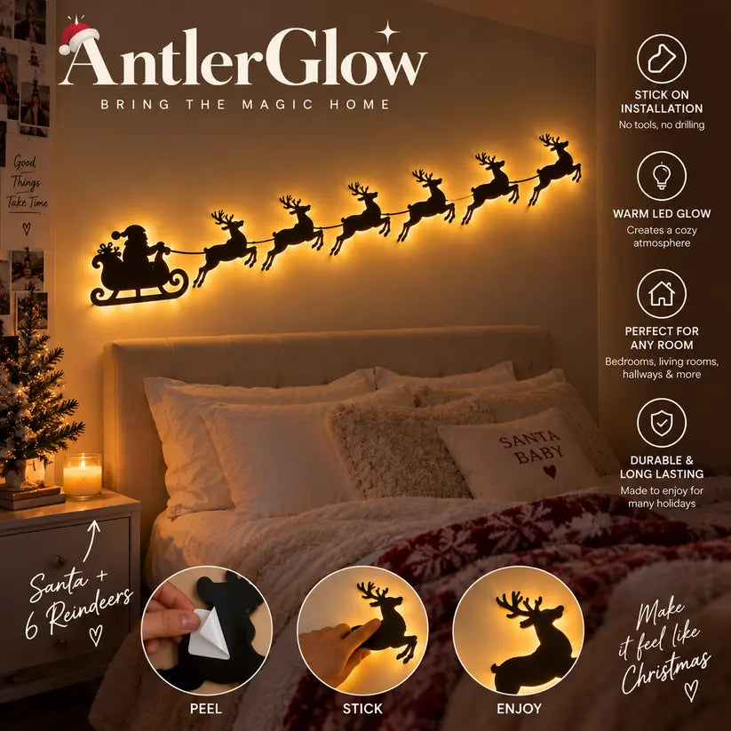 Christmas Reindeer & Santa’s Sleigh Wall Decal Light – Multicolor LED Holiday Decor
