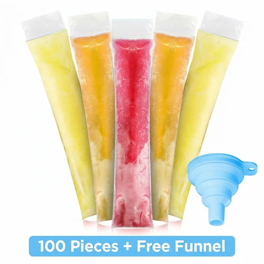 100-Pack BPA-Free Ice Pop Bags with Funnel, Disposable Ziplock Popsicle Pouches for Juice, Yogurt, Smoothies & Frozen Treats