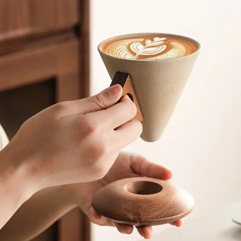 Wabisabi Conical Ceramic Coffee Cup with Acacia Wood Base