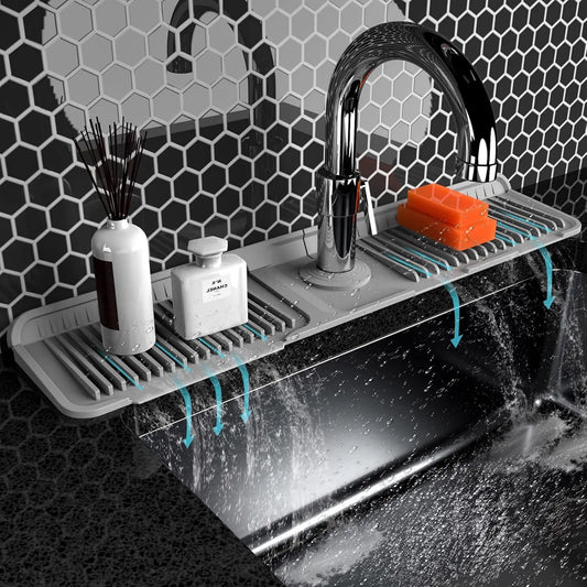 Kitchen Sink Faucet Mat, Silicone Splash Guard, Foldable Draining Mat with Button Lock, Sink Protector, Easy-Clean Kitchen Sink Accessory, 24 Inch Extended Length, No Mess Home Gift