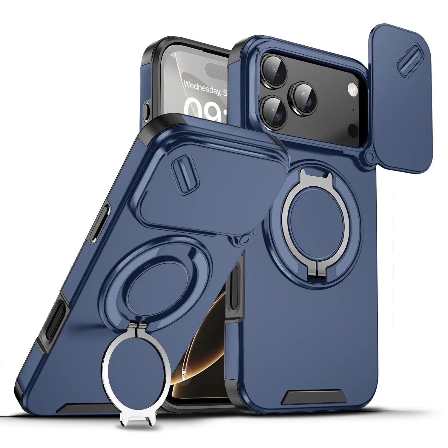 Military-Grade Magnetic Protective Case with Sliding Camera Cover & 360° Rotatable Ring Stand for iPhone 17 Pro Max