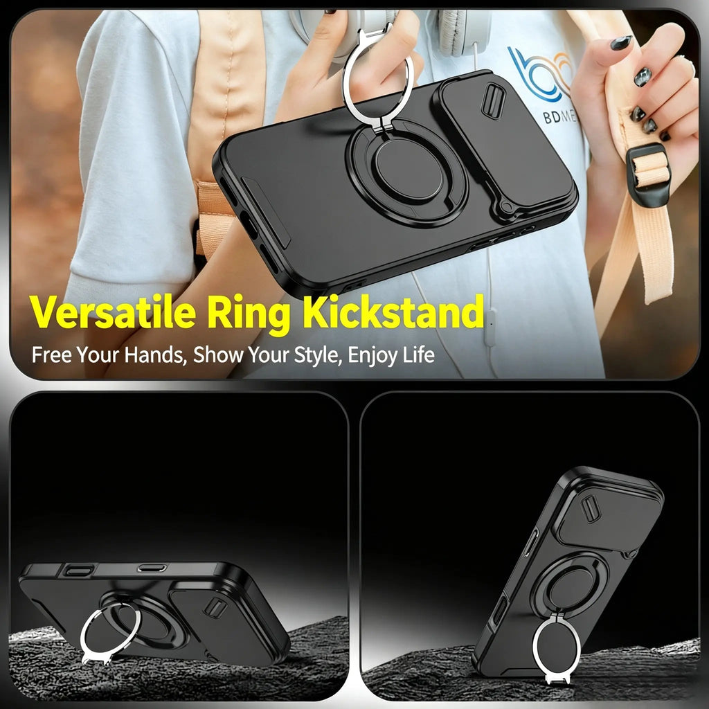 Military-Grade Magnetic Protective Case with Sliding Camera Cover & 360° Rotatable Ring Stand for iPhone 17 Pro Max