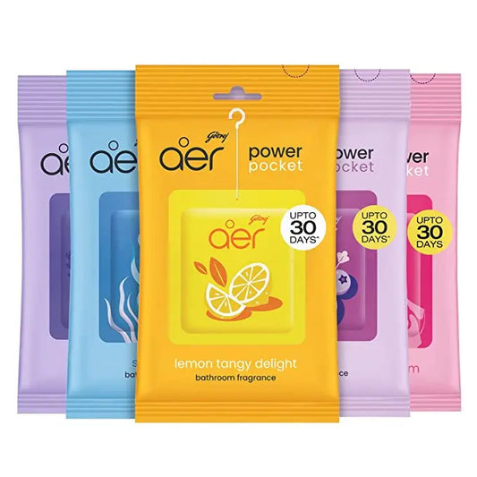 Godrej Aer Power Pocket Hanging Air Freshener, Assorted 5-Pack (Lemon, Rose, Fresh, Berry, Lavender)