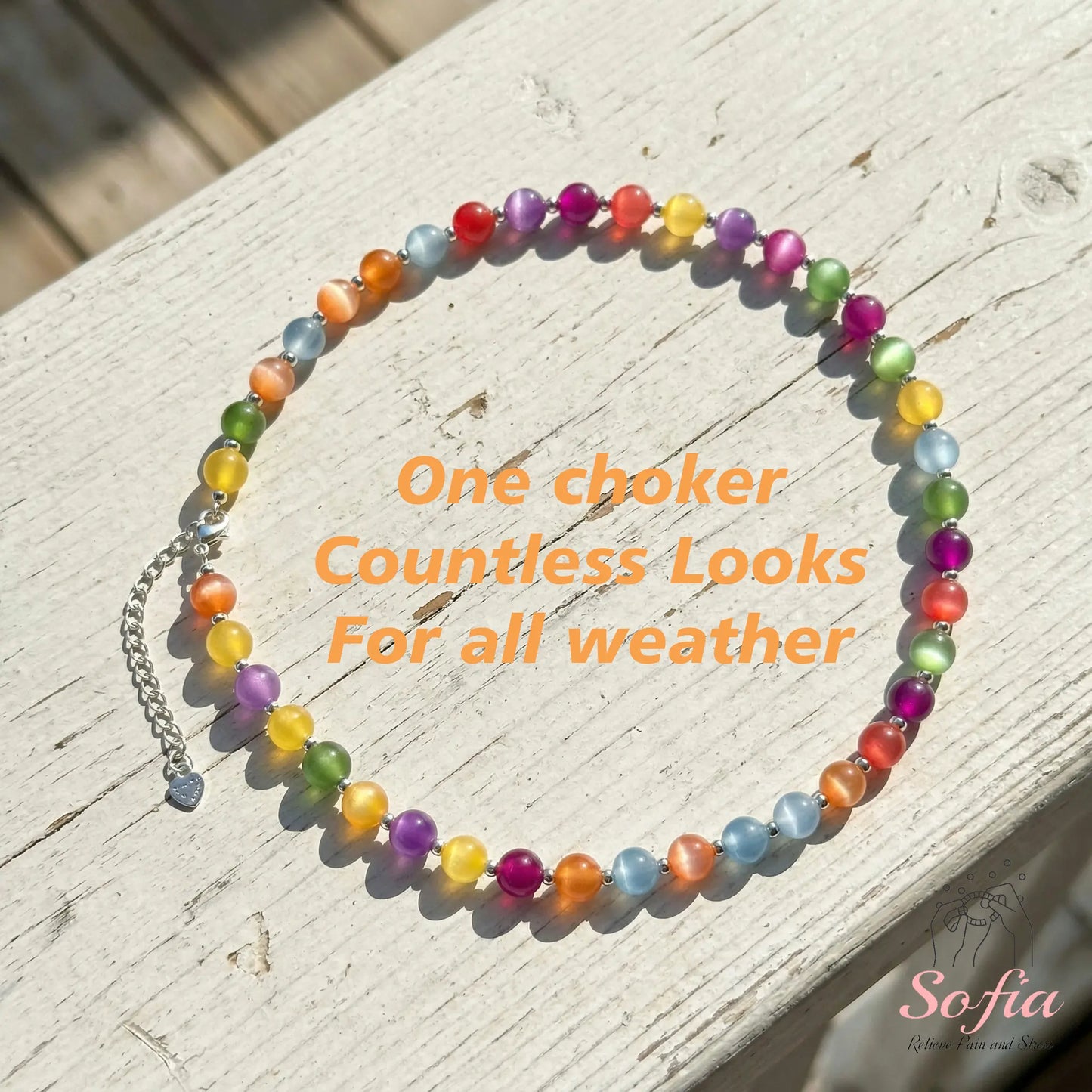 Sofia Dopamine Necklace - Rainbow Beaded Choker - UV Reactive Necklace Waterproof - Summer Jewelry Stainless Steel, Stackable