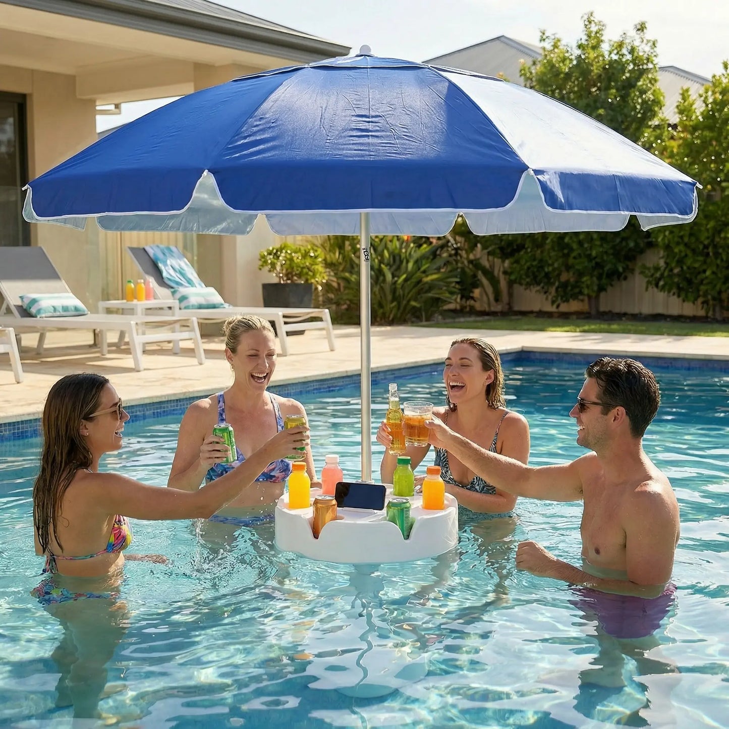 Floating Pool Umbrella with Bar Base: Portable Table with Cup Holder & Phone Stand