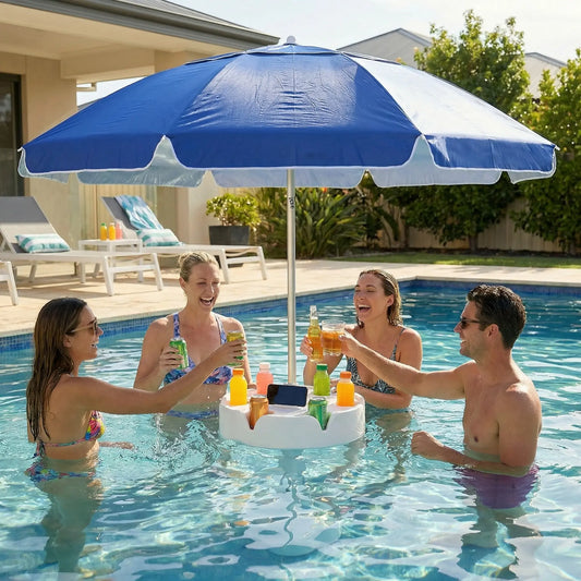 Floating Pool Umbrella with Bar Base: Portable Table with Cup Holder & Phone Stand