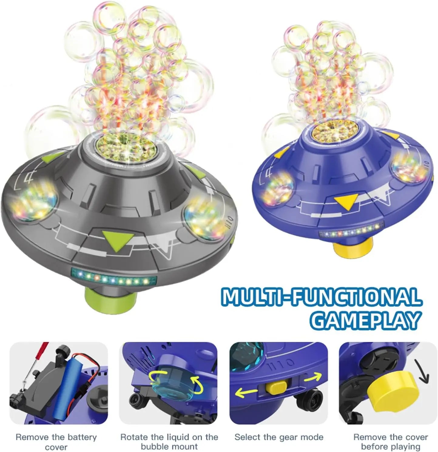 Multifunction Bubble Maker, Automatic Rotating Disc Toy with Colorful Lights, Music, Obstacle Avoidance, Flying Saucer Design for Indoor, Outdoor Birthday Parties