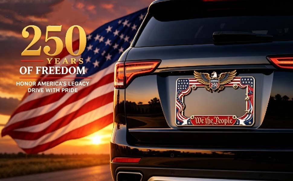 2PCS Heavy-Duty Aluminum 250th Anniversary American Flag License Plate Frame - Front License Plate Cover, We The People Car Tag Holder, Patriotic Auto Decor Car Accessories For Men, July 4th Truck Gear