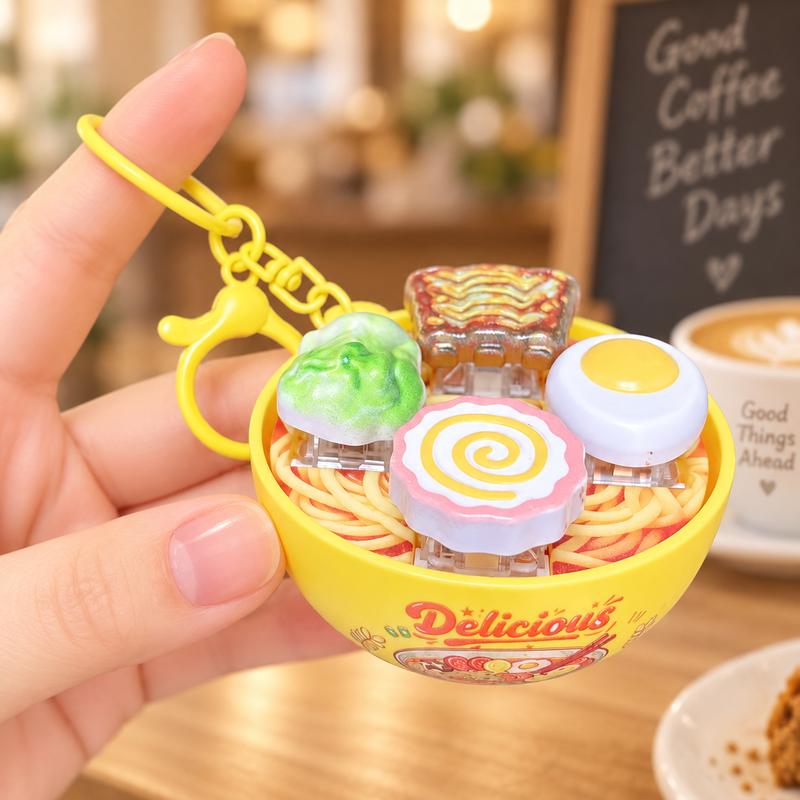 Cute Ramen Noodle Bowl Pressable Spinning Fidget Toy Keychain – Novelty Bag Charm