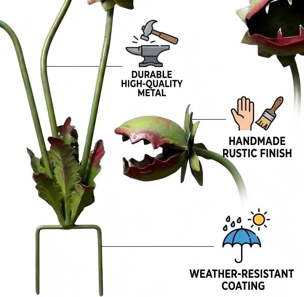 Whimsical Metal Carnivorous Plant Garden Stake - 25-Inch Large Monster Plant Sculpture, Durable Yard Art for Flower Beds Patios Planters, Unique Quirky Outdoor Garden Decor & Gift (1 pc)
