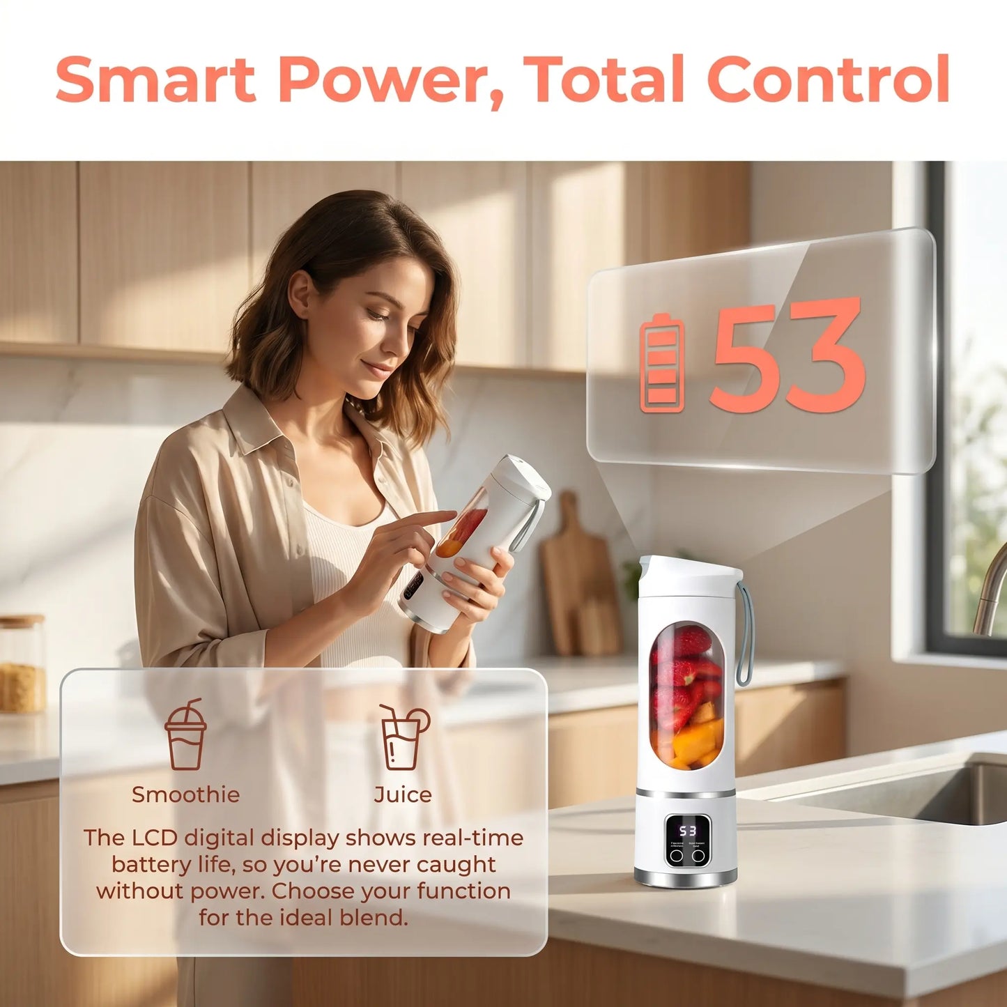 Portable USB Rechargeable Personal Blender with LED Display – 15.22oz Smoothies Maker