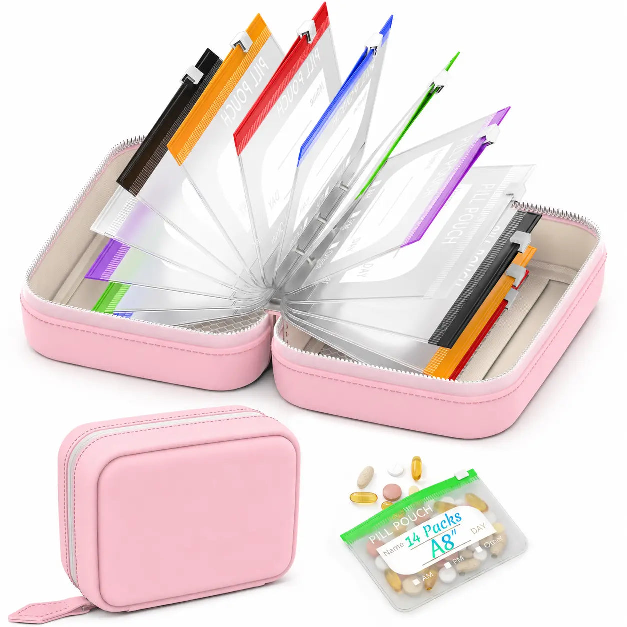 A8 Waterproof Weekly Pill Organizer: Travel Medicine Pouch Set with 14 Color-Coded Reusable Zipper Bags