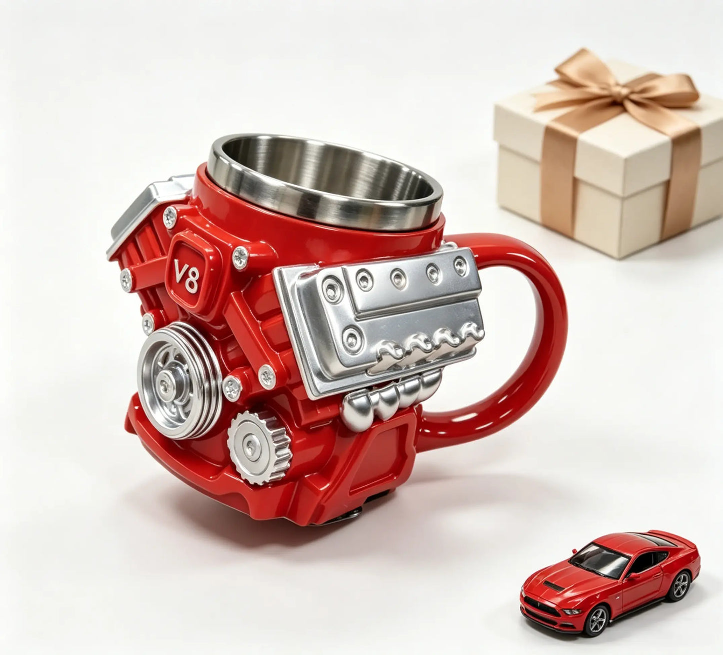 V8 Engine Stainless Steel Coffee Mug Gift for Car Lovers and Dads