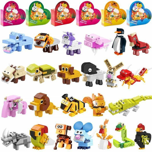 Animal Building Blocks Valentines Cards for Kids 2025 Valentine's Day Gifts 24Pcs & 26Pcs Heart-Shaped Boxes with Love Notes Creativity Imagination Playtime Wind-up toy