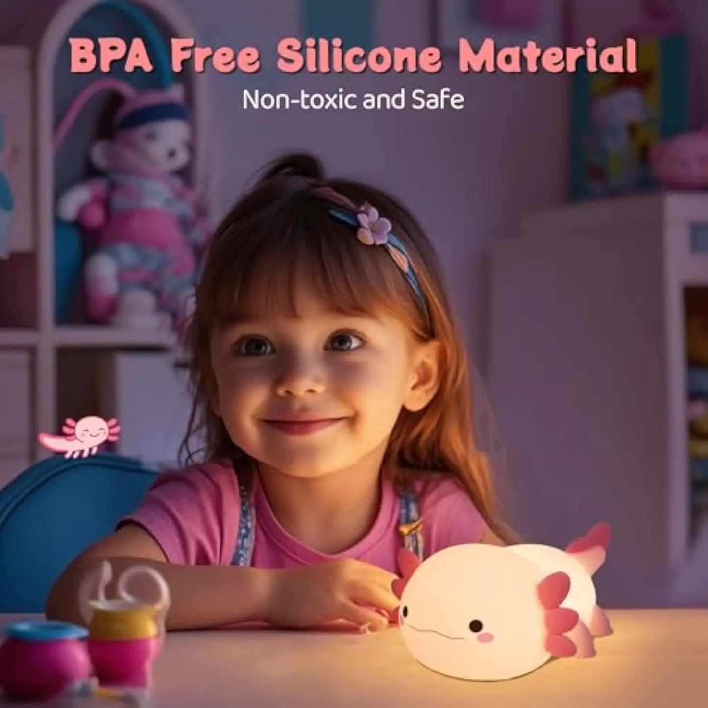 Cute Axolotl Silicone Night Light – Soft Tap-Control LED Lamp for Kids, Bedroom Decor & Gift