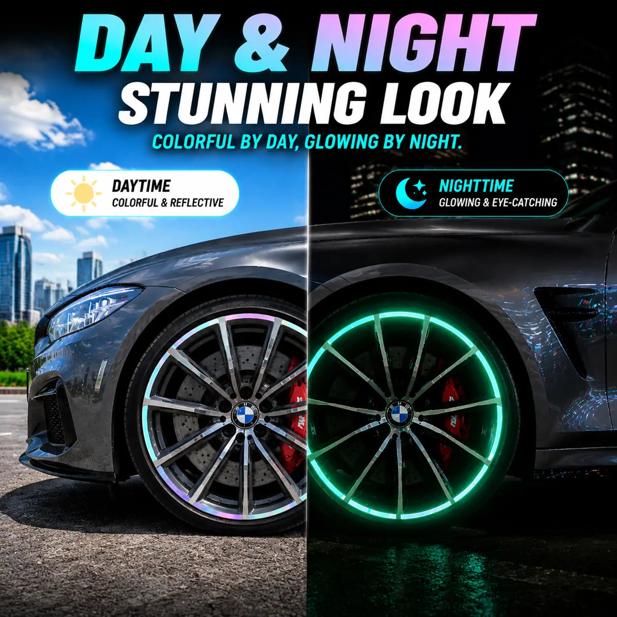 60-Piece Glow in The Dark Reflective Wheel Rim Stickers – Waterproof Universal Decals for Cars