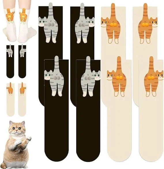 4 Pairs Cute Cat Socks with Balls, Cat Socks for Women Men, Cotton Novelty Funny Animal Cute Crew Sock for Women Men Cats Lovers Gift（Buy now and receive a free gift）