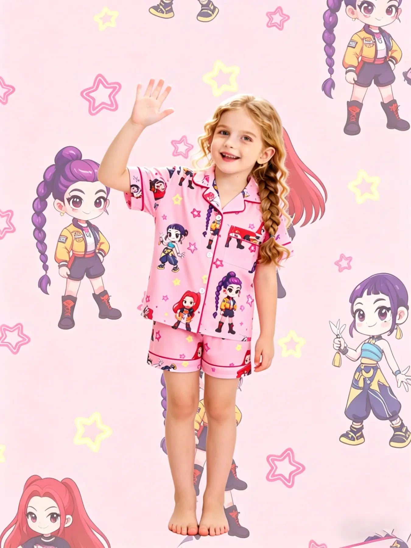 Kids Star Pattern Loungewear Set | Soft Collar Short-Sleeve Top & Shorts