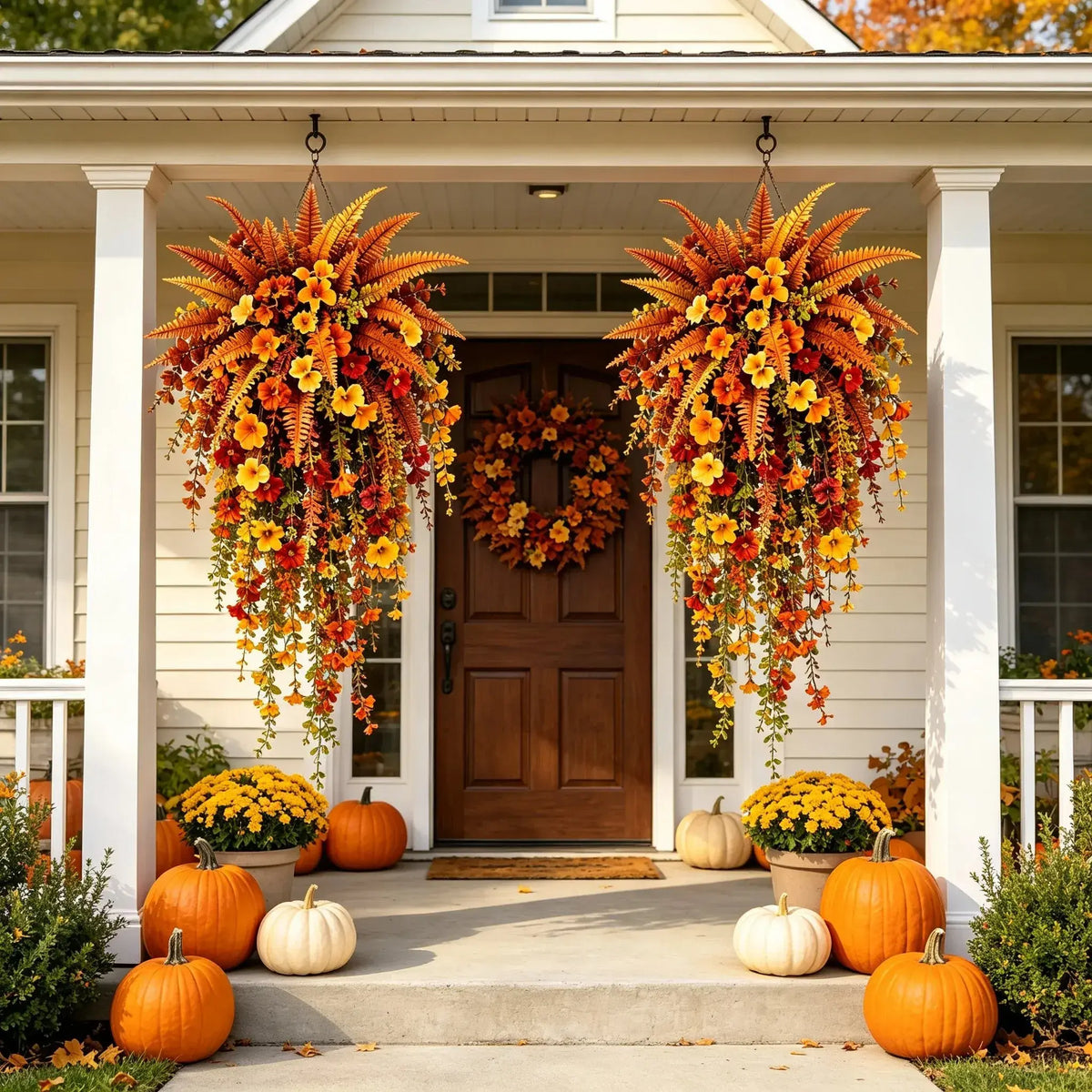 UV-Resistant Faux Autumn Boston Fern Plant – Realistic Large Hanging Porch Decor