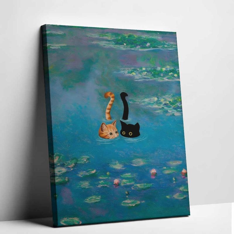 Black and Orange Cat Print Monet Waterlily Funny Wall Art Poster for Home Valentines Day Decor