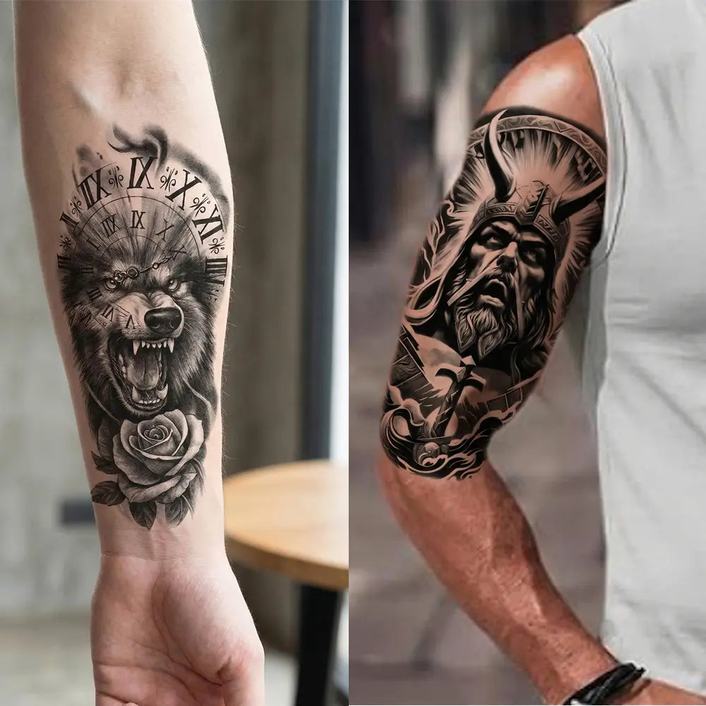 36 large half-sleeve temporary tattoo stickers, unisex, suitable for the forearm, featuring tribal, wolf, tiger, lion, owl, and skull designs; Halloween temporary tattoos; adult-sized; realistic black designs including flowers, roses, and animals