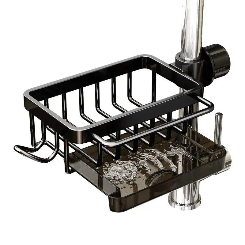 Stainless Steel Hanging Faucet Drain Rack with Drip Tray – Detachable Sponge & Brush Holder