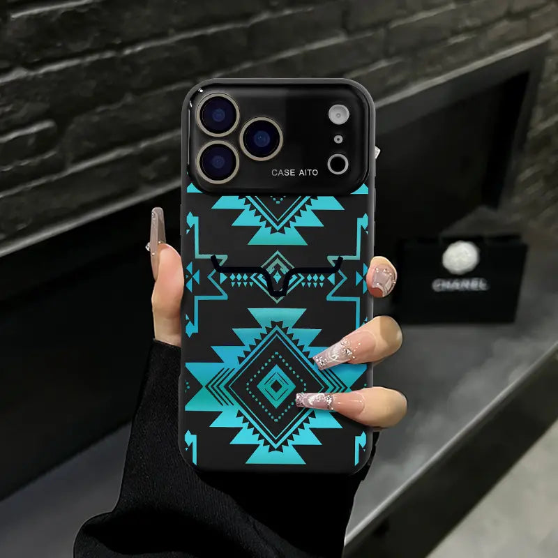 Aesthetic Western Aztec Turquoise Bull Head Phone Case for iPhone 17 Pro Max – Southwestern Tribal Shockproof Protective Cover