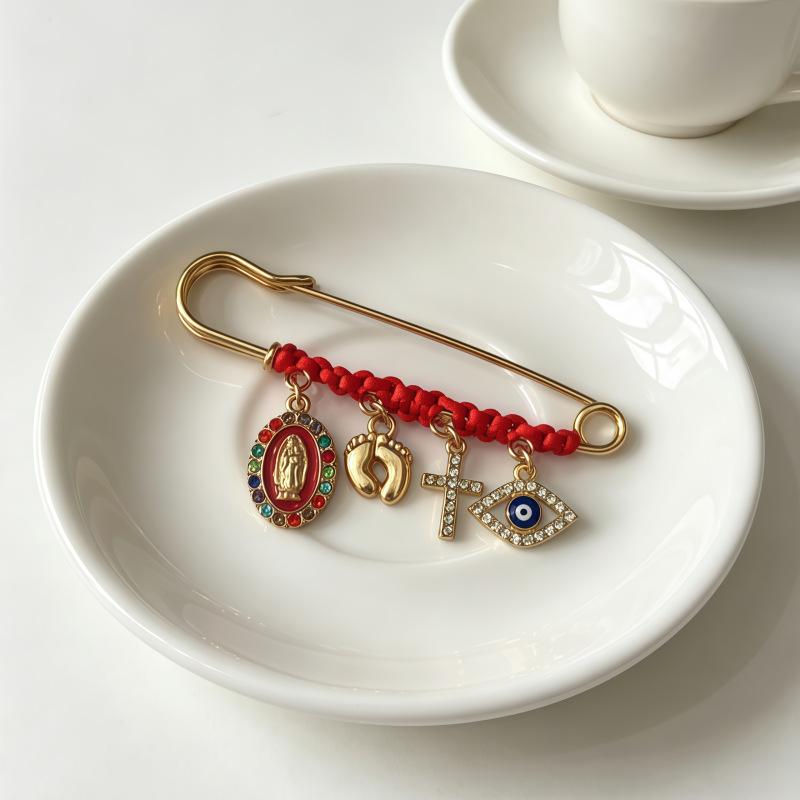 September Laurel Protection Brooch for Pregnancy & Baby Religious Charm Maternity Safety Pin Brooch – Virgin Mary, Cross & Evil Eye Belly Jewelry Pin