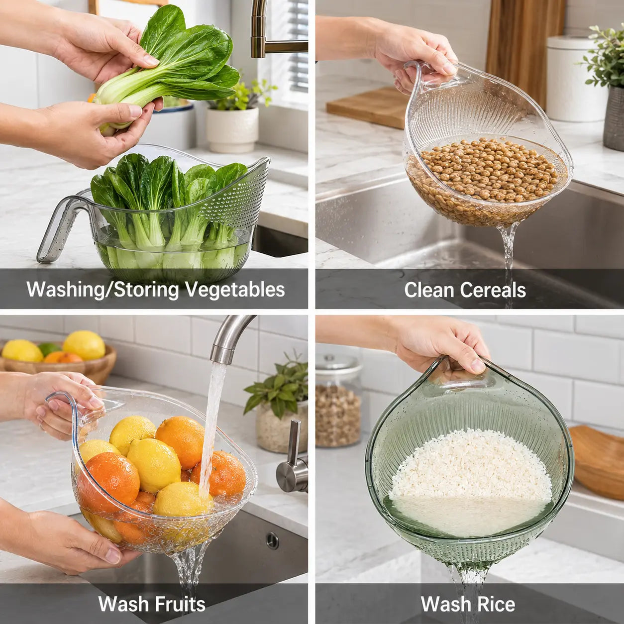 Aesthetic Multifunctional Rice Strainer with Handle – Sturdy BPA-Free Plastic Fruit Vegetable Colander
