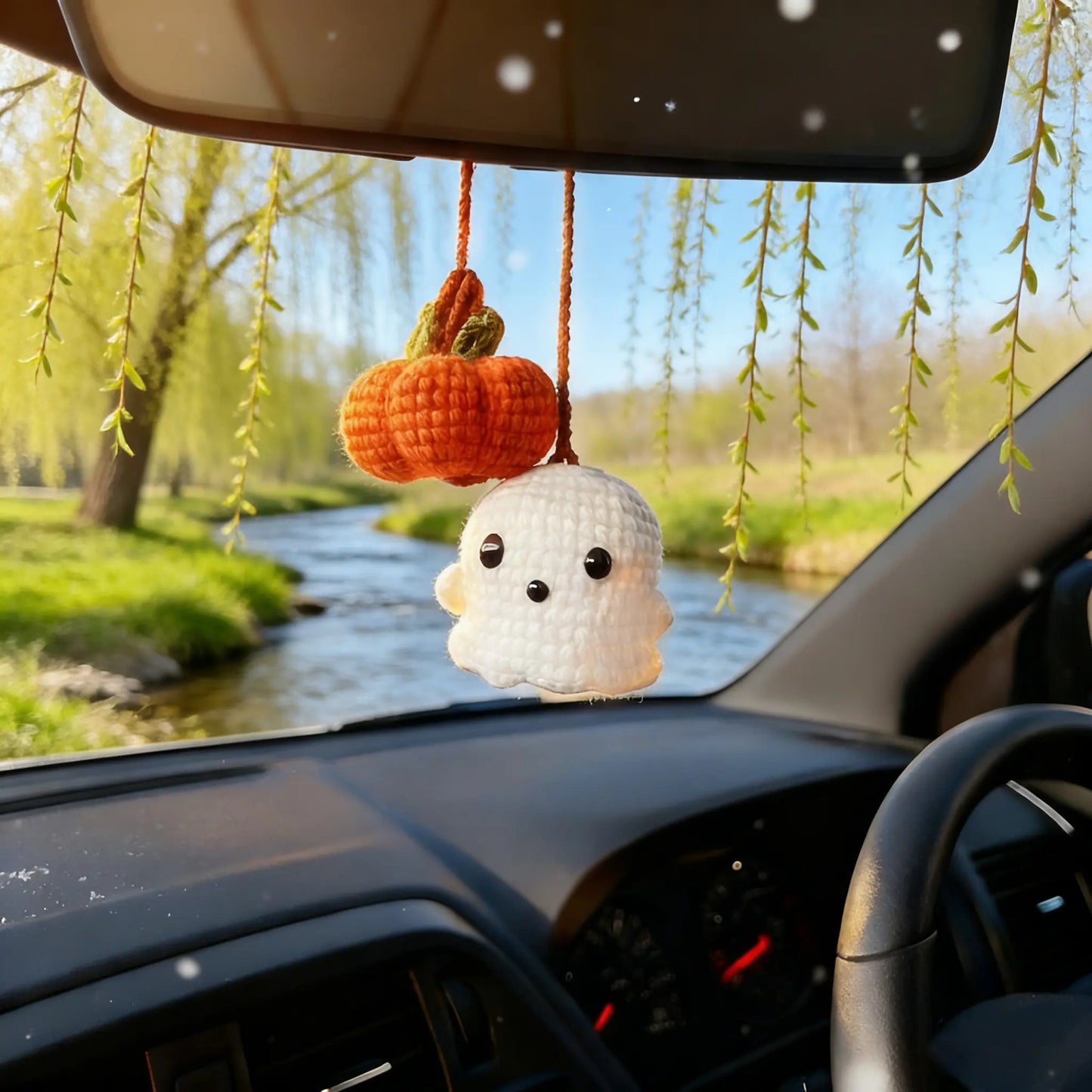 Crochet Ghost & Pumpkin Rear View Mirror Hanging Car Charm Handmade Cute Spring Summer Cozy Season Road Trip Ornament Amigurumi