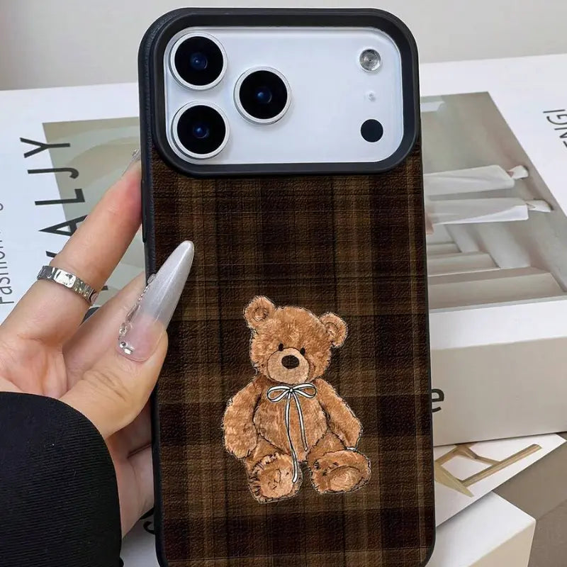 Brown Plaid Teddy Bear Leather Texture Phone Case – Cozy Vintage Shockproof Cover for iPhone 17 Pro Max