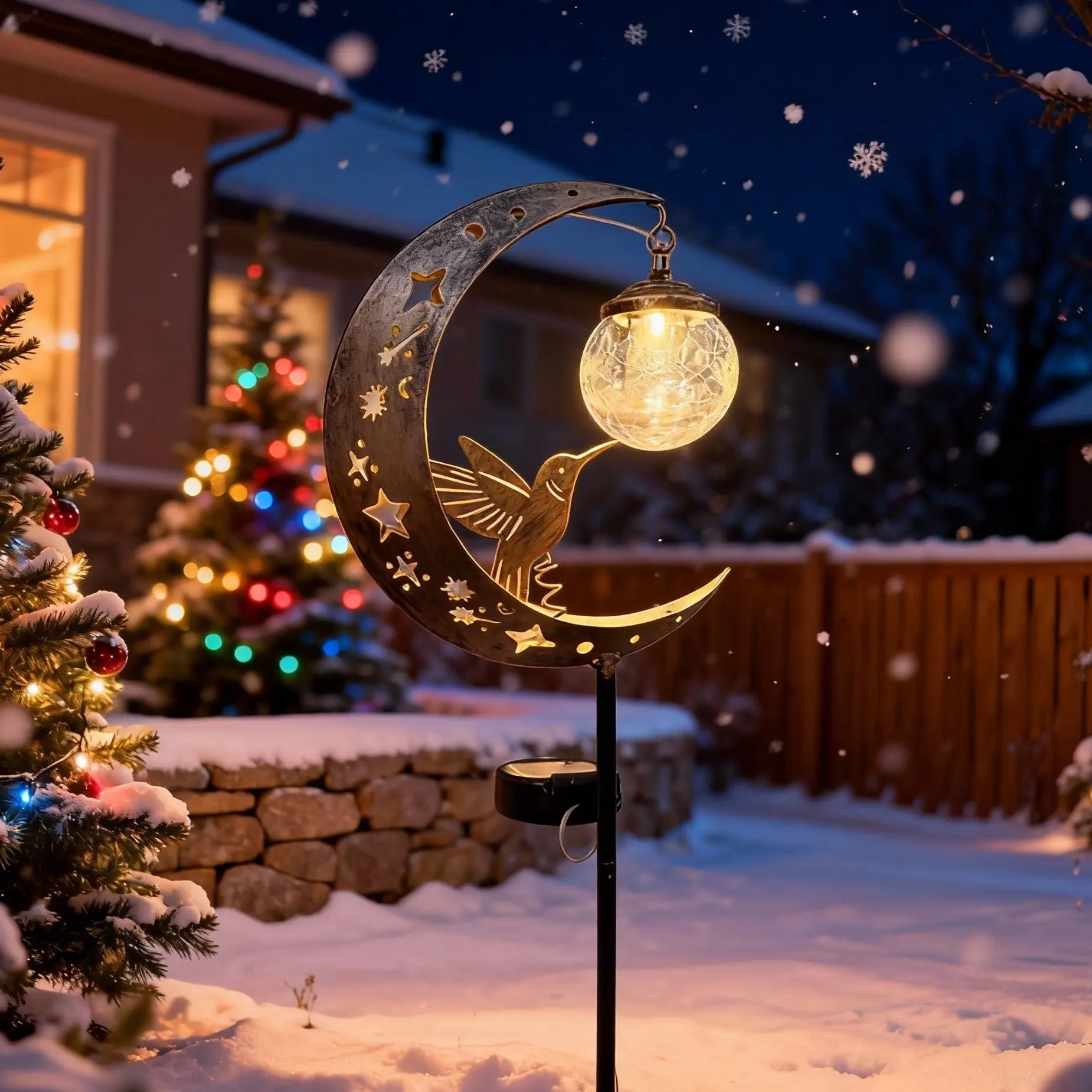 Solar Ground Stake Light, Lawn Decoration Lamp, Yard Lighting, Hollow Iron Bird Moon Design, Includes Broken Glass Ball, Outdoor Garden Pathway Decor, Solar Garden Lights, Garden Decorative Lighting
