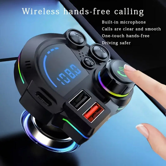 30W PD Bluetooth 5.3 FM Transmitter Car Charger with Dual USB Ports, Hands-Free Calling & RGB Light for 12V–24V Vehicles