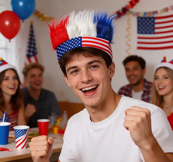 Patriotic USA Crazy Hair Headband – Funny American Flag Wig for Sports & 4th of July