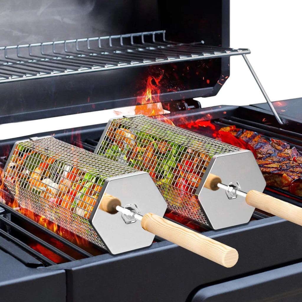 2PCS 304 Stainless Steel Rolling Grill Baskets with Wooden Handles – Nesting Portable BBQ Utensils for Vegetables & Shrimp