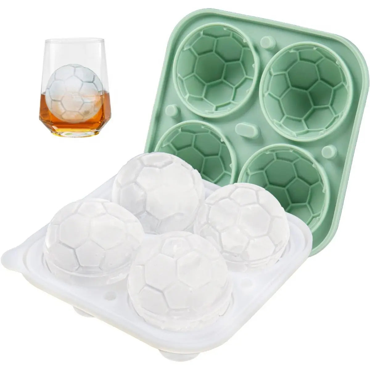 Silicone Soccer Ice Cube Mold - Football Ice Ball Tray for Whiskey, Cocktails, Chocolate & Ice Cream, Makes 4 Large Ice Spheres, Green
