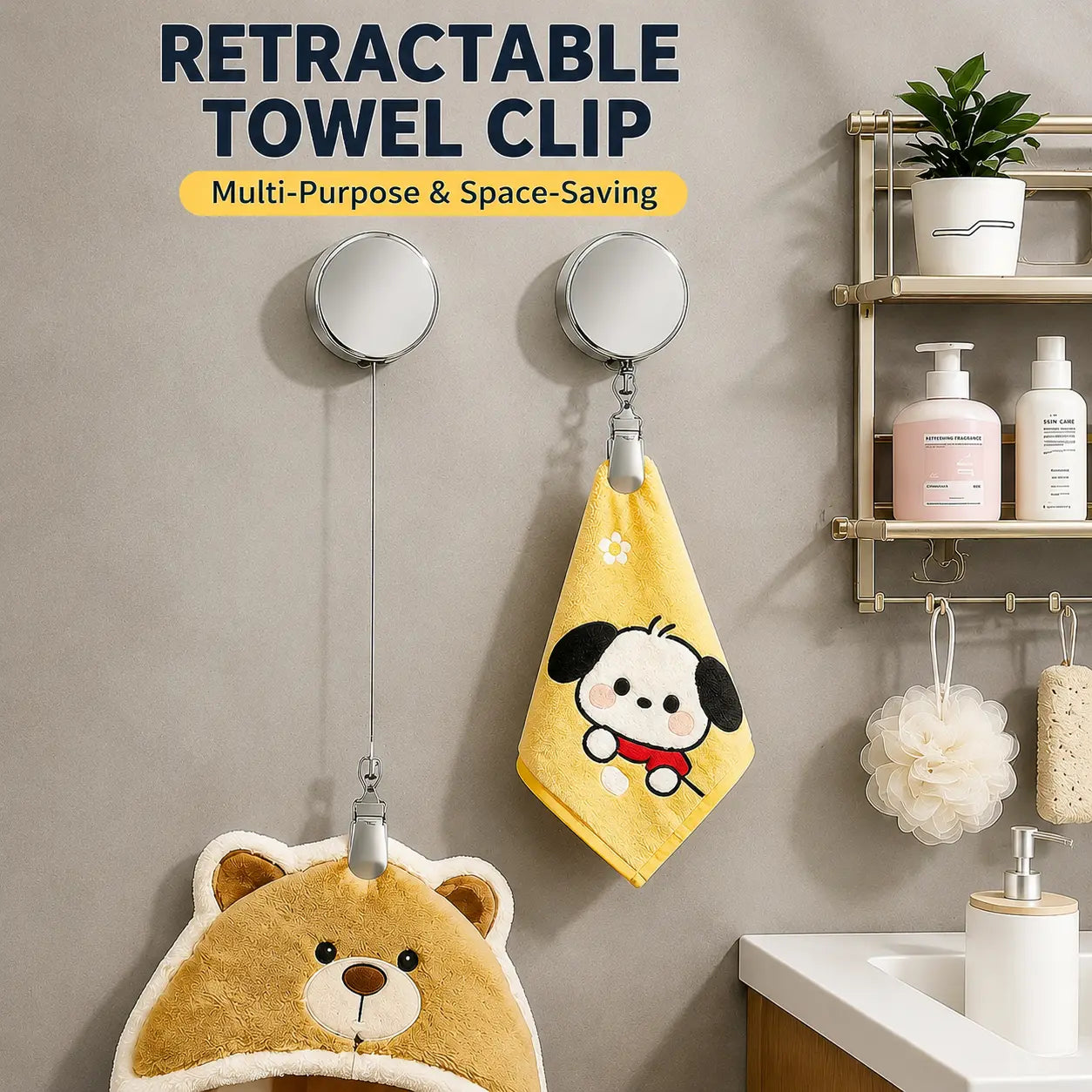 Retractable Towel Clip, Self Retracting Towel Holder with 23.6in Retractable Cord, No Drill Wall Mounted Hook for Kitchen Bathroom