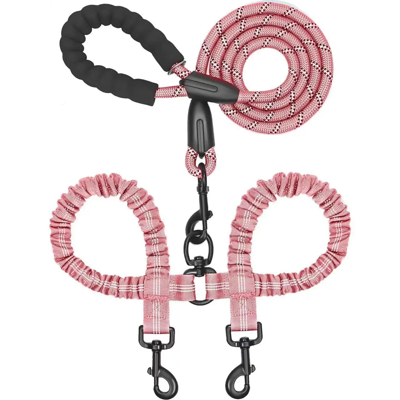 360° No-Tangle Double Dog Leash – Shock-Absorbing Bungee for Two Dogs