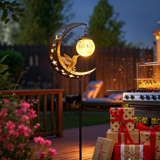 Solar Ground Stake Light, Lawn Decoration Lamp, Yard Lighting, Hollow Iron Bird Moon Design, Includes Broken Glass Ball, Outdoor Garden Pathway Decor, Solar Garden Lights, Garden Decorative Lighting