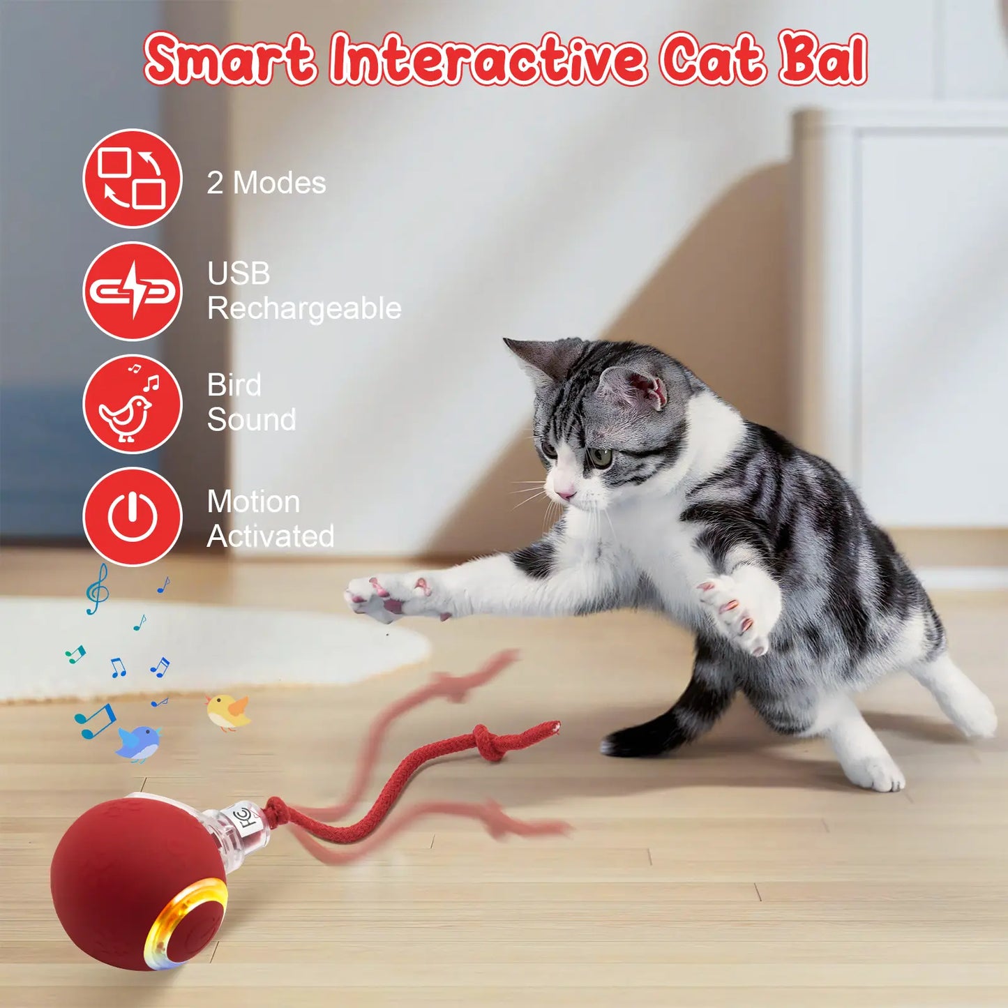 Interactive Cat Ball Toy | Bird Chirping & Motion Activated Rug Kicker