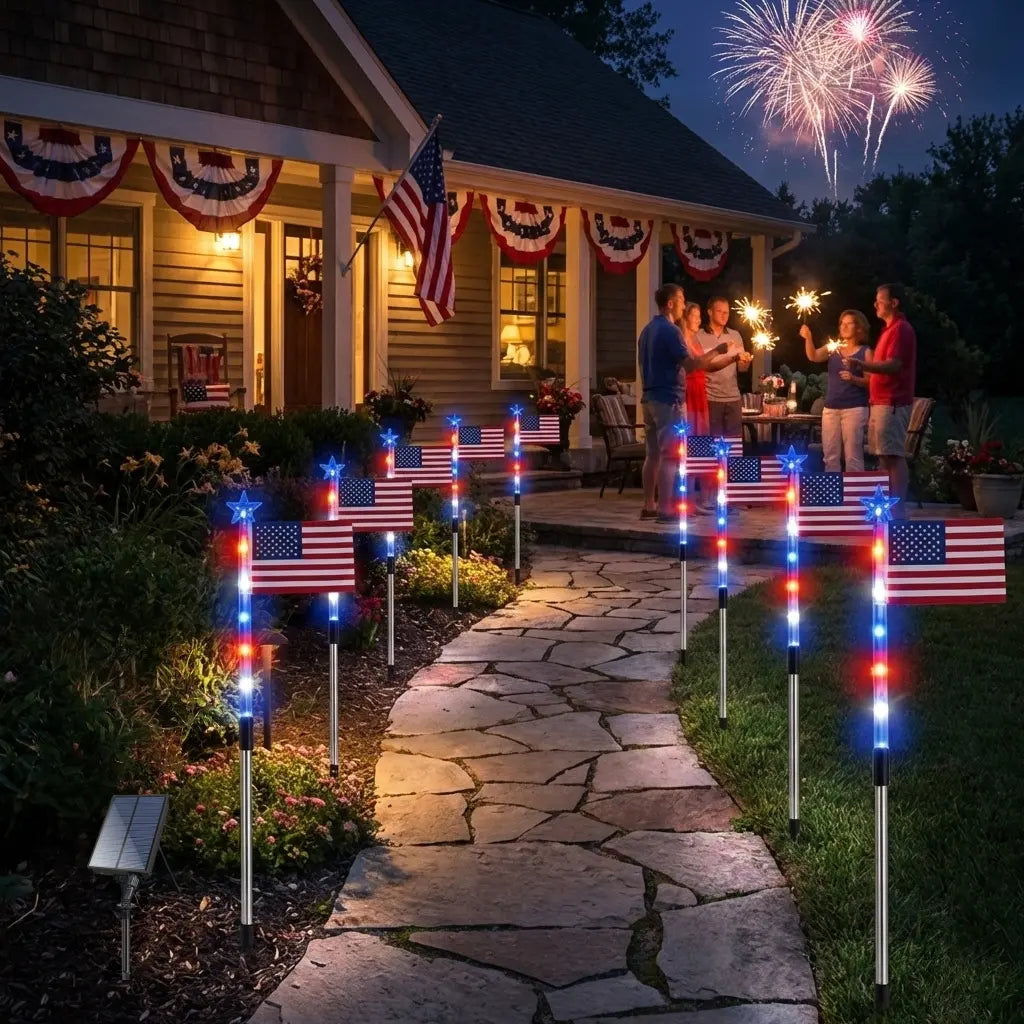 8-Piece Flag Light Set, 4th of July Decorations 8 Lighting Modes, 8-in-1 American Flag Solar Lights, Memorial Day Decorations Featuring Red, White, and Blue Lights for Independence Day Pathway Garden Decorations Yard Pathway