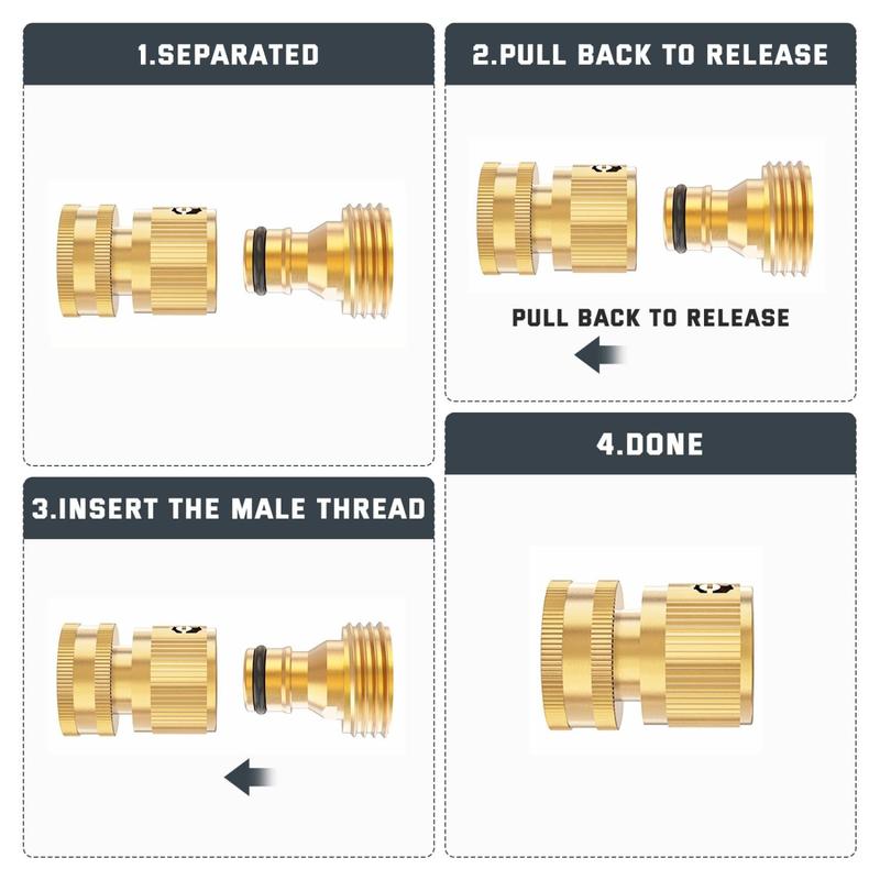Garden Hose Quick Connector, 1 Set Solid Brass 3/4 Inch GHT Thread Fitting(NO Sprayer), No-Leak Water Hose Female & Male Adapter, Garden Hose Connectors, Summer Gardening Tool Accessories fathersdaygift