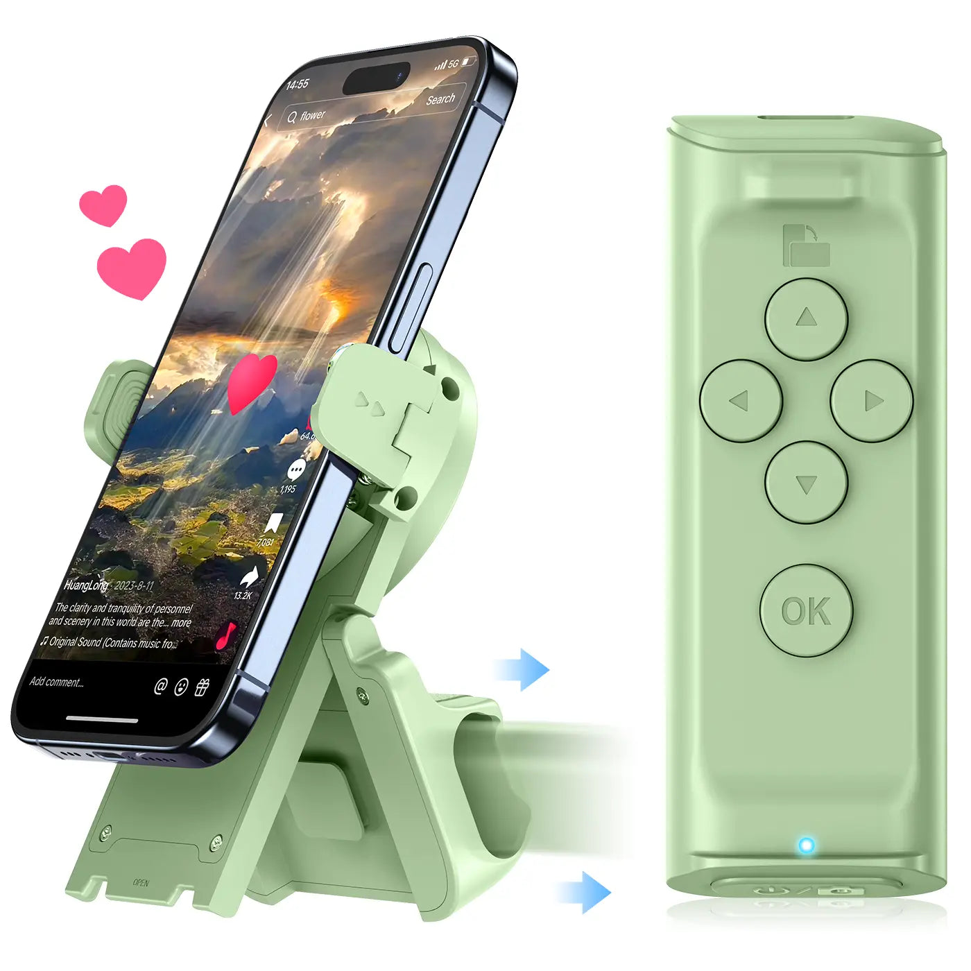 TikTok Remote Scroller & Phone Stand – Wireless Page Turner & Camera Shutter for iPhone & Android
